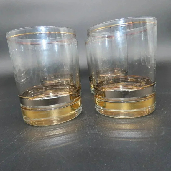 Culver Banded Rocks Low Ball Glasses Gold Silver Old Fashion Set of 4 VTG - Picture 4 of 7